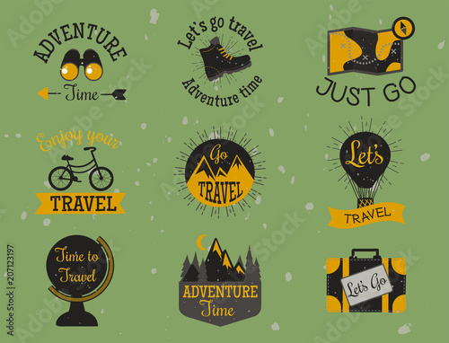 Mountain outdoor vector camping travel hand drawn labels climbing and hiking badges peak extreme illustration.