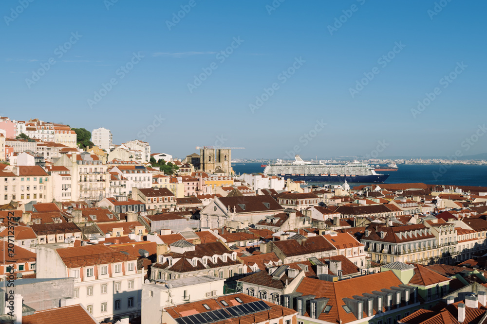 Elevated view of Lisbon skyline with a cruise ship