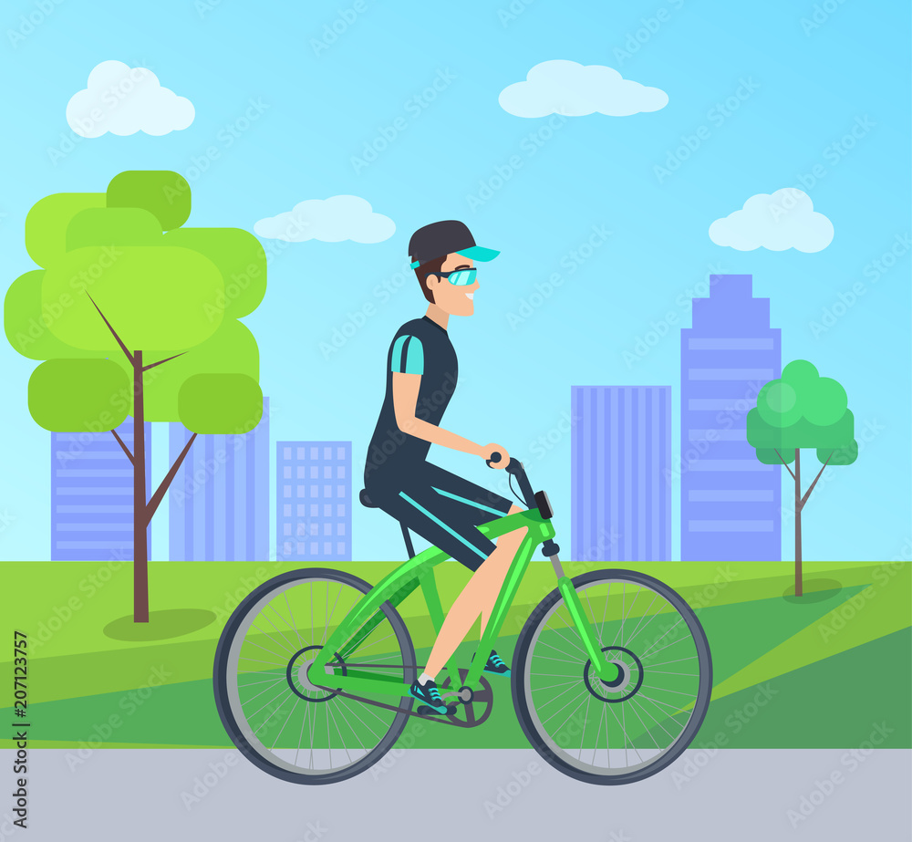 Naklejka premium Summer Day Card with Cheerful Cyclist on Bike