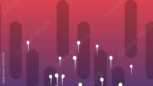 An impressive 3d rendering of competing white spermatozoids moving vertically in the violet and purple background with black tubes. The smartest breaks through to the egg cell. photo