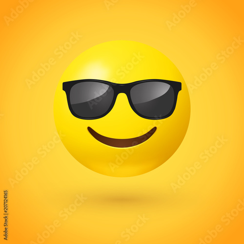 Smiling face with sunglasses emoji - emoticon with smiling face wearing dark sunglasses that is used to denote a sense of cool