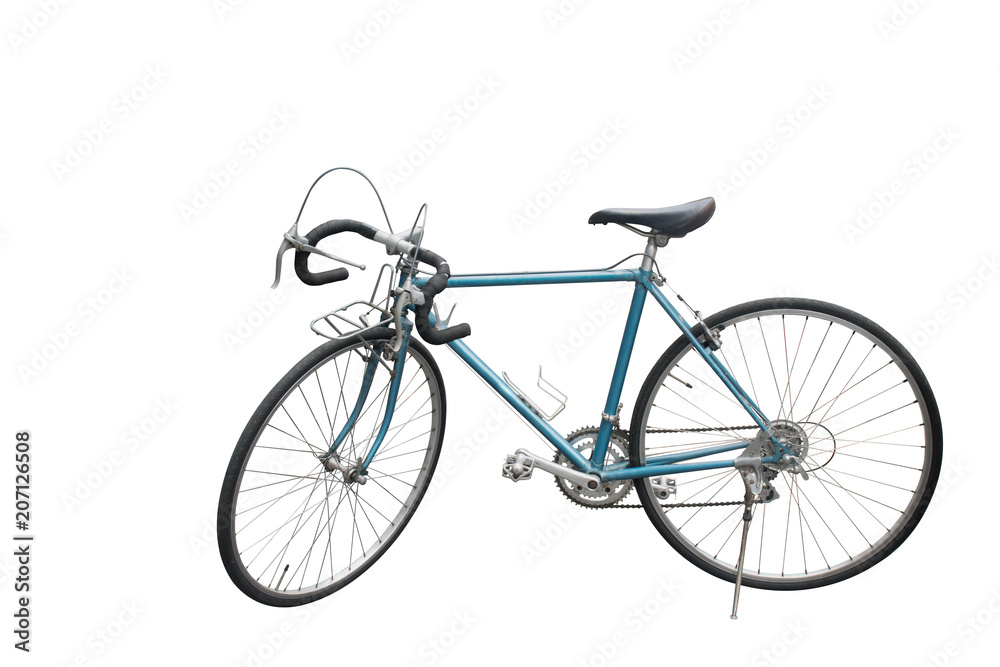 side view Di cut blue Old bicycle on white background,copy space