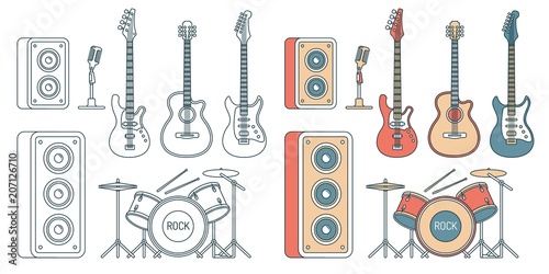 Musical instruments - electric and acoustic guitars, bass, drum set and speakers. Contour illustration color and monochrome.