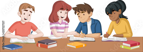 Cartoon teenager students with books. Kids studying.