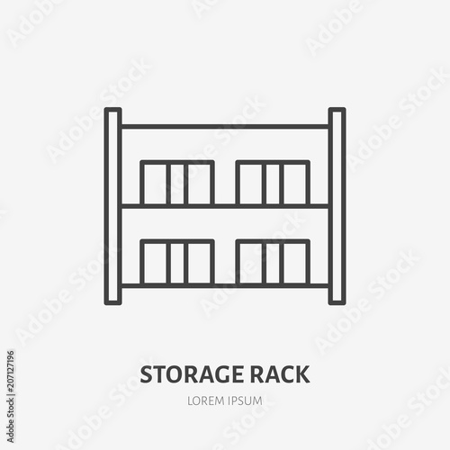 Warehouse flat line icon. Storage rack with boxes sign. Thin linear logo for cargo trucking, freight services.