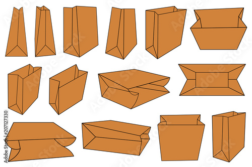 Set of different brown paper bags isolated on white