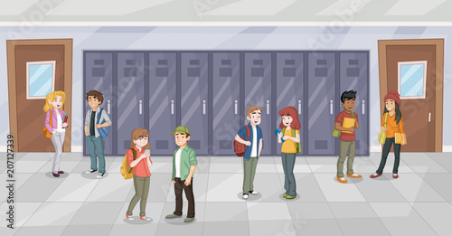 Cartoon students in school corridor. Teenagers.