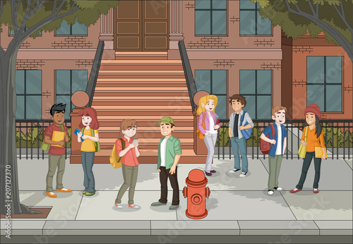 Group of young people in front of brownstone building. Teenagers.