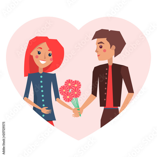 Couple in Love and Bouquet Vector Illustration