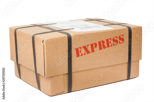 Express Paket mit Umreifungsband auf weißem Hintergrund
