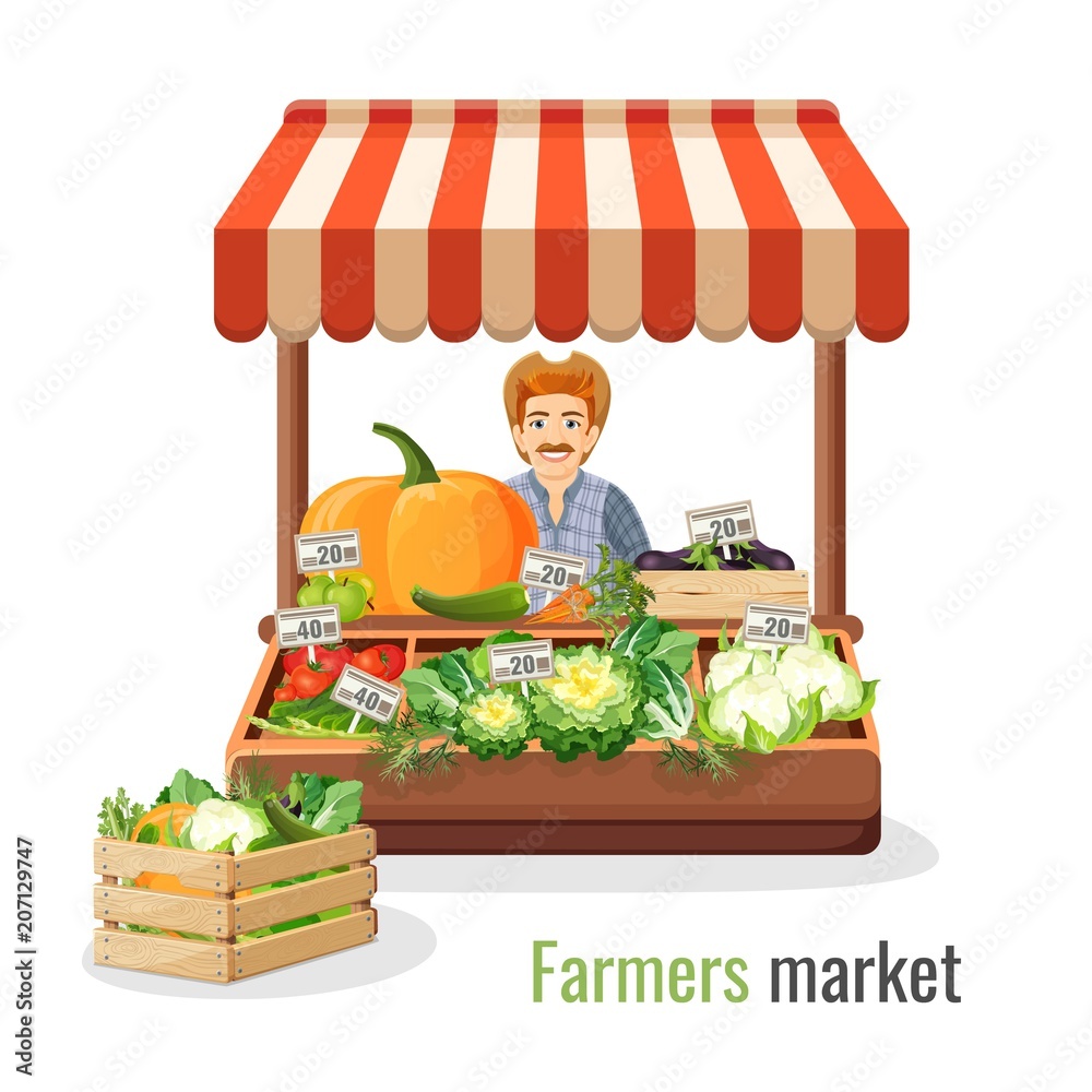 Farmers Market Promo With Man At Counter Full Of Vegetables Stock farmers-market-promo-with-man-at-counter-full-of-vegetables-stock