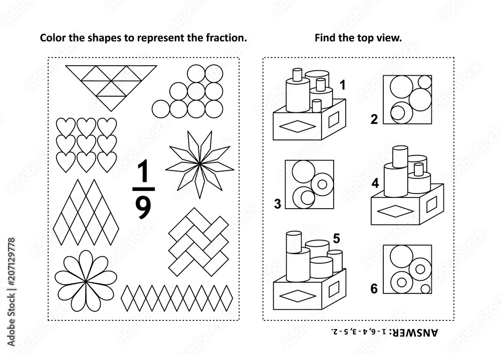 Two visual math puzzles and coloring pages. Color the shapes to