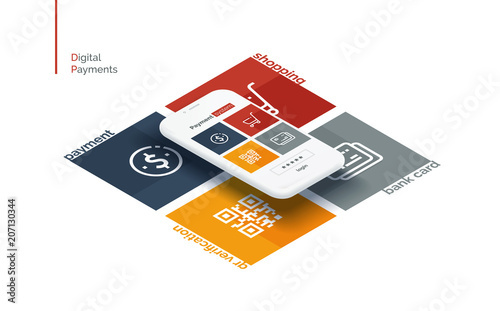 Payment system mobile interface. Infographics with a mobile phone and payment system icons. Modern full-color illustration isometric style.