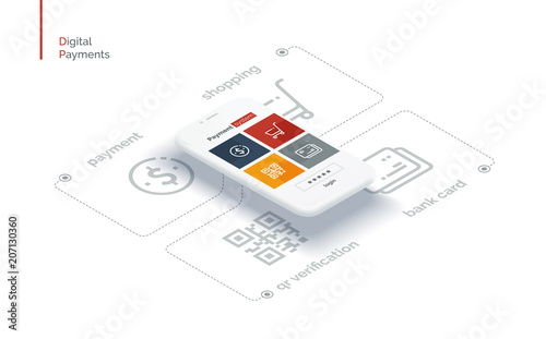 Payment system mobile interface. Infographics with a mobile phone and payment system icons. Modern full-color illustration isometric style.
