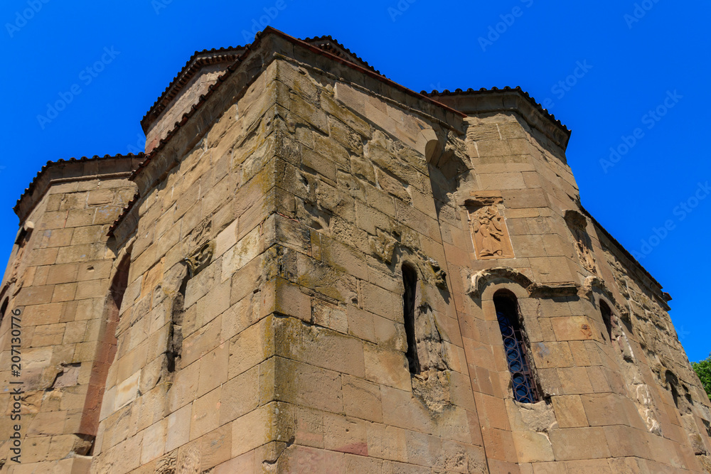 View on the Jvari monastery, orthodox monastery of the 6th century on the rocky mountaintop over the old town of Mtskheta (UNESCO World Heritage site), Georgia