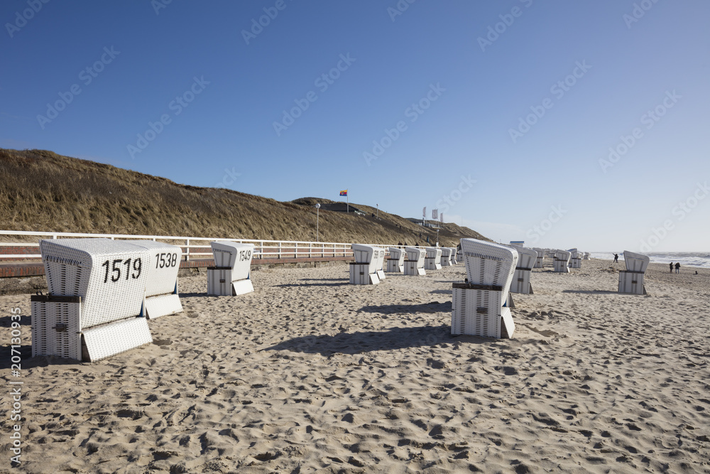 Germany, Schleswig-Holstein, North Frisia, Westerland, Sylt, beach and hooded beach chairs Germany, Schleswig-Holstein, North Frisia, Westerland, Sylt, beach and hooded beach chairs