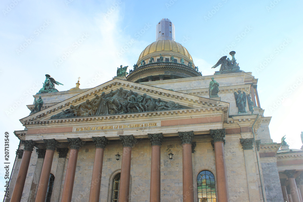 St. Petersburg Saint Isaac's Cathedral in Russia. Outdoor Postcard of Russian Old Classical Architecture, Orthodox Basilica and Museum Close Up Low Angle View. 