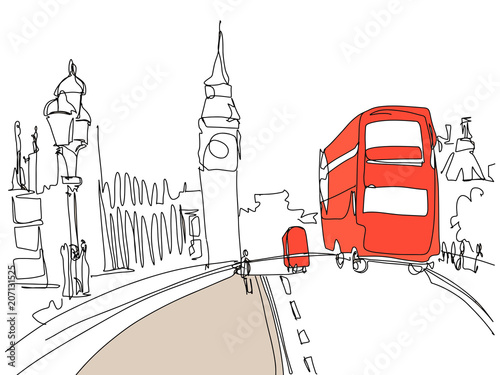 drawing of London Tower street with red bus and Big Ben