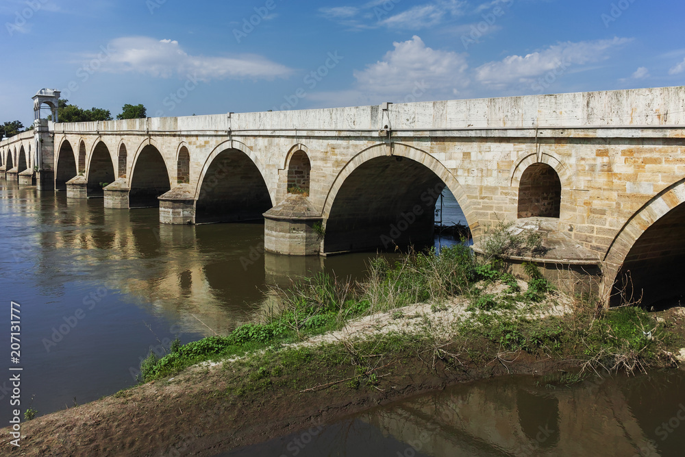 Bridge from period of Ottoman Empire over Meric River in city of Edirne,  East Thrace, Turkey