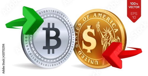 Bitcoin to dollar currency exchange. Bitcoin. Dollar coin. Cryptocurrency. Golden and silver coins with Bitcoin and Dollar symbol with green and red arrows. 3D isometric Physical coins. Vector