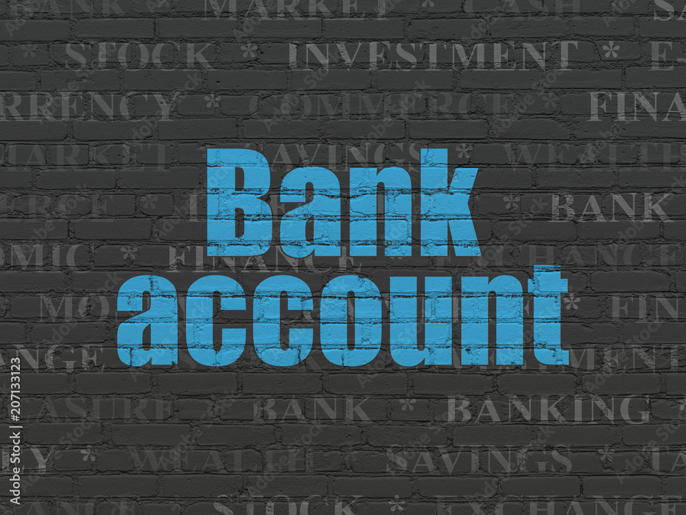 Currency concept: Painted blue text Bank Account on Black Brick wall background with Tag Cloud Currency concept: Painted blue text Bank Account on Black Brick wall background with Tag Cloud