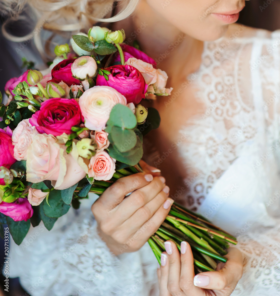 bridal bouquet. Wedding ceremony. Mix of peony, succulents, orchids Modern bridal accessories. Wedding flowers Stock-foto | Adobe Stock