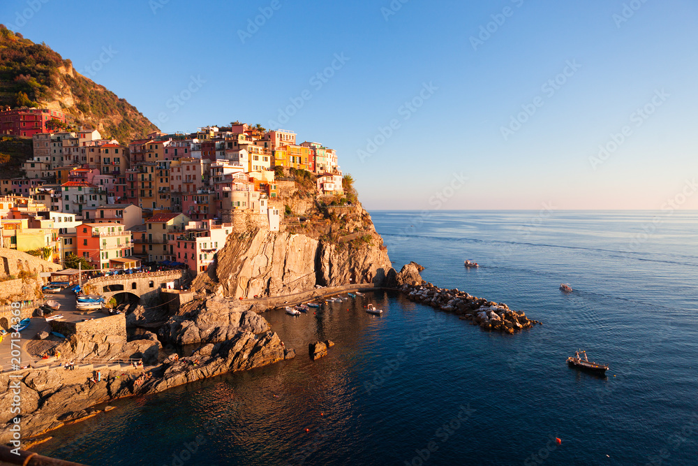 Manarola fishing village, seascape in Five lands, Cinque Terre National Park, Liguria, Italy.