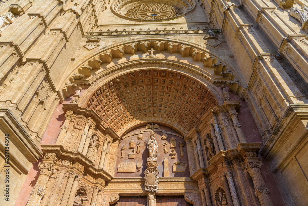 Close up view of the main entrance door of Cathedral, in Palma de Maloorca, Spain
