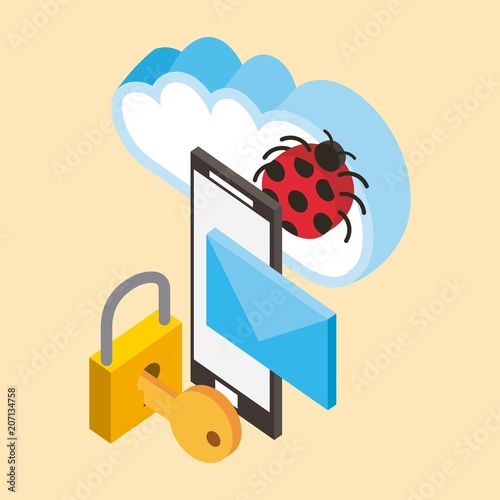 smartphone cyber security virus email cloud computing storage isometric vector illustration