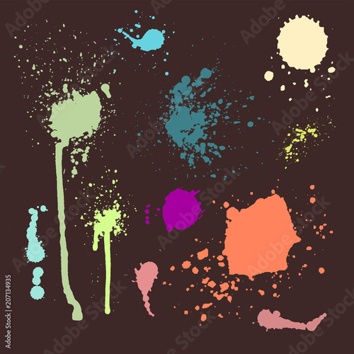 Vector set of ink splashes blots splatter collection grunge design element and art messy backdrop color dirty liquid shape spatter silhouette illustration