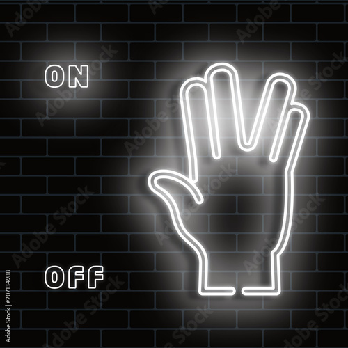 Neon sign hand showing a sign of victory. White signagainst a black brick wall.  For the animation of the aurora, the radiance turns on and off in layers. vector illustration.