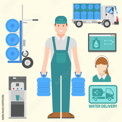 Water delivery vector elements drink bottle plastic blue container business service.