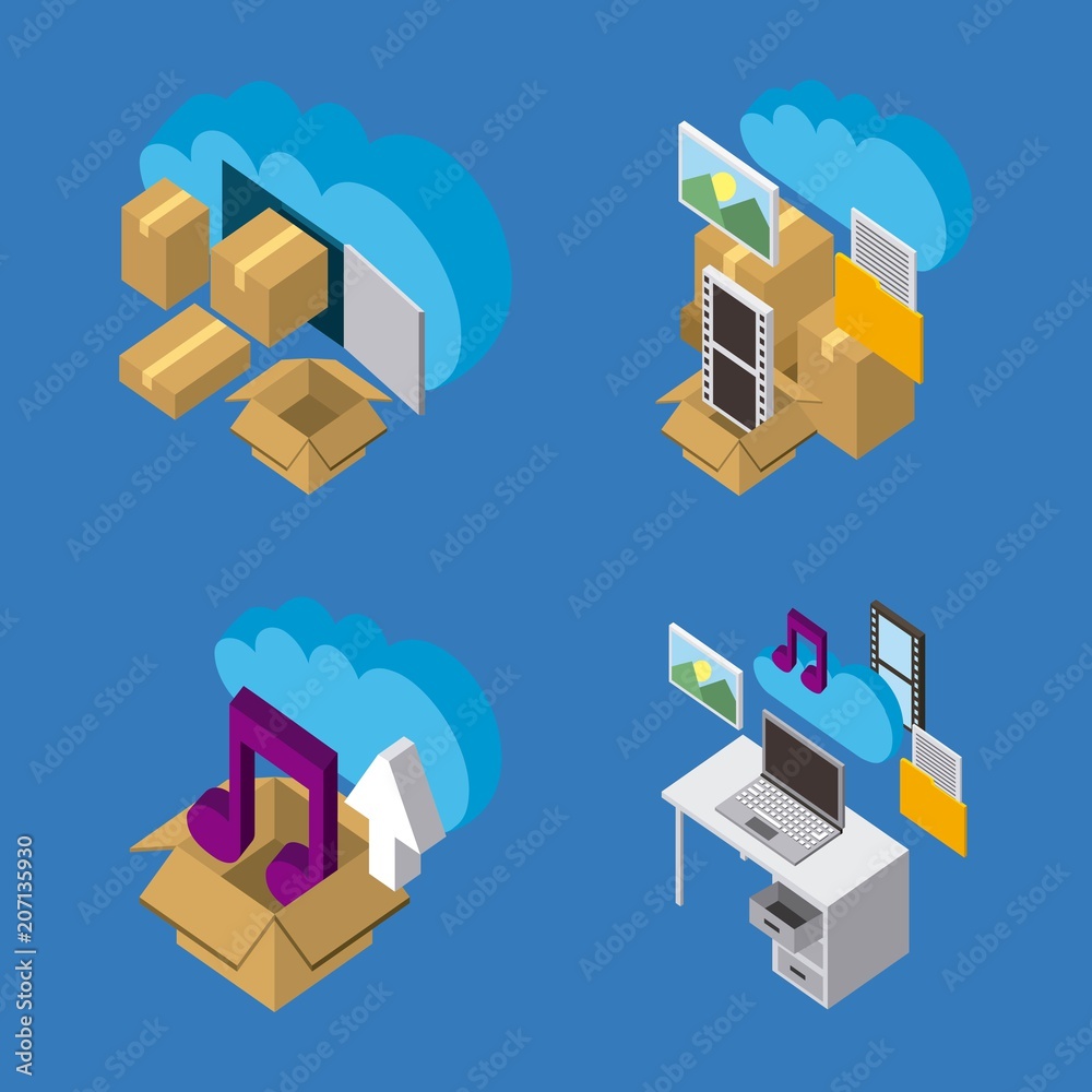 collection of work process cloud computing storage data isometric