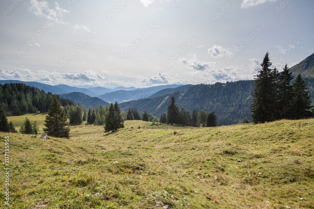 Panoramic view of mountains in  Salzkammergut, Austria near Filzmoos in a beautiful summer day