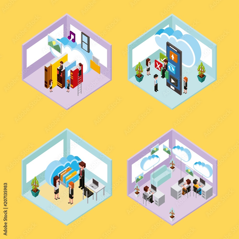 set of people with working process cloud computing storage isometric