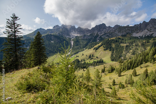 Panoramic view of mountains in Salzkammergut, Austria near Filzmoos in a beautiful summer day