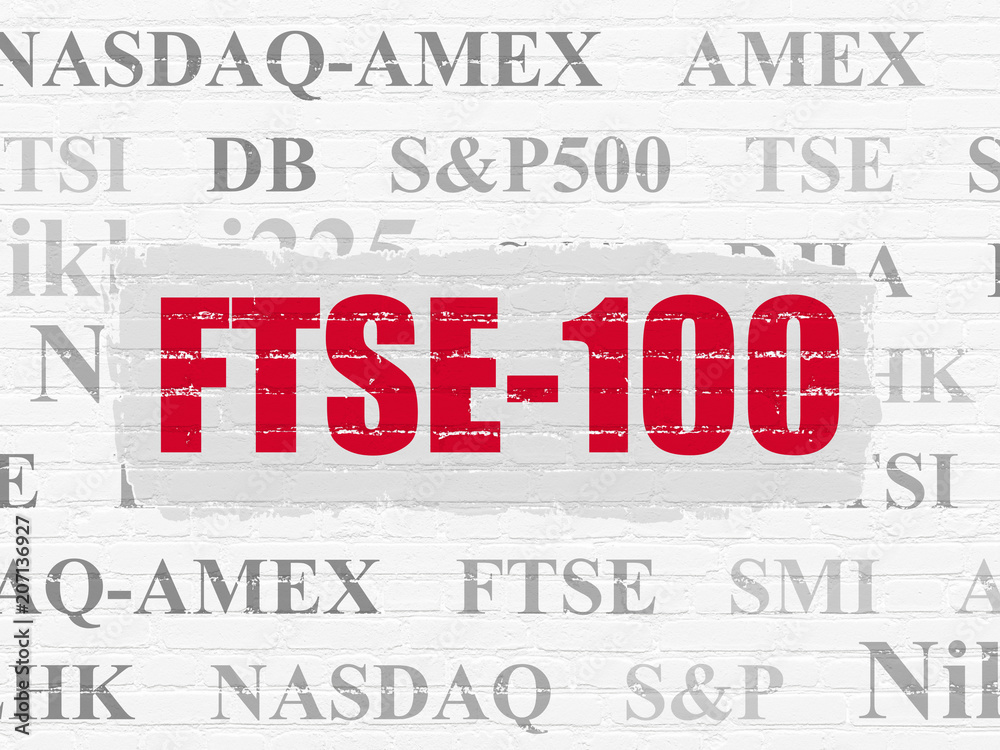 Stock market indexes concept: Painted red text FTSE-100 on White Brick wall background with Tag Cloud Stock market indexes concept: Painted red text FTSE-100 on White Brick wall background with Tag Cloud