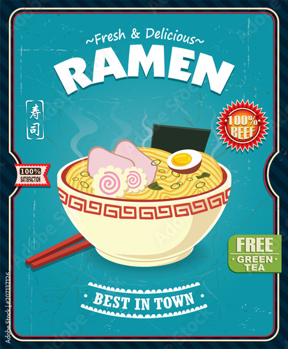 Vintage Japanese food poster design with vector Ramen character. Chinese word means sushi.