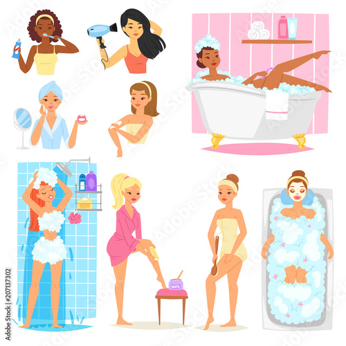 Woman bathing in bathroom vector beautiful girl character in bathrobe cleaning teeth and washing in bath illustration set of women with skincare cream isolated on white background