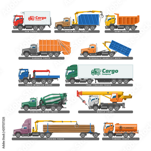 Truck vector delivery vehicle or cargo transportation and trucking transport with trailer illustration set of concrete mixer truck or lorry trailer isolated on white background