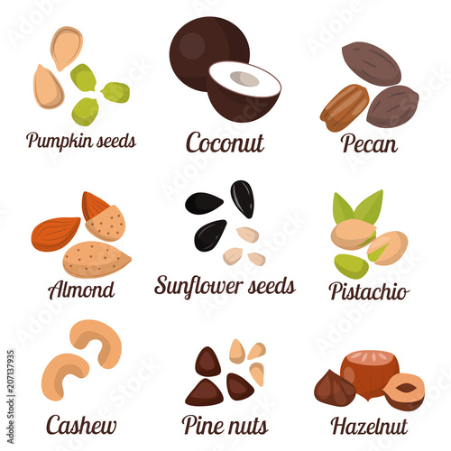 Piles of different nuts pistachio peanut walnut tasty seed vegetarian nutriti...