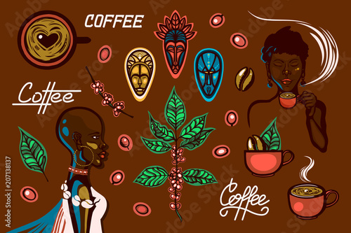 A set of objects on a coffee theme in Ethiopia. Women, coffee cups, coffee branches, coffee beans, berries, traditional masks, lettering. Vector illustration.