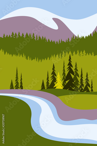 Landscape with mountains and snowy peaks, a river and trees. Poster for tourism with the natural environment, national parks, clean environment. Vector illustration.