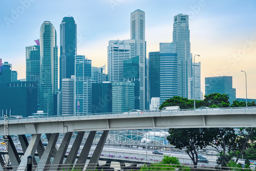 Traffic on bridge of Singapore downtown