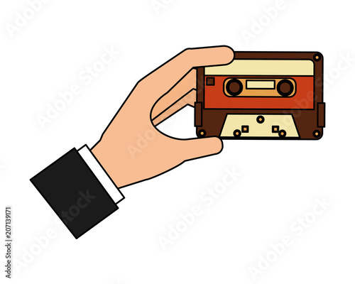 hand holding retro vintage cassette tape record vector illustration
