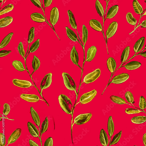 Seamless Realistic Watercolor Greenery Pattern. Hand Drawn Eucalyptus Leaves and Branches Print. Summer, Spring Forest Herbs, Plants Texture. Foliage in Vintage Style. Nature Eco Friendly Concept.