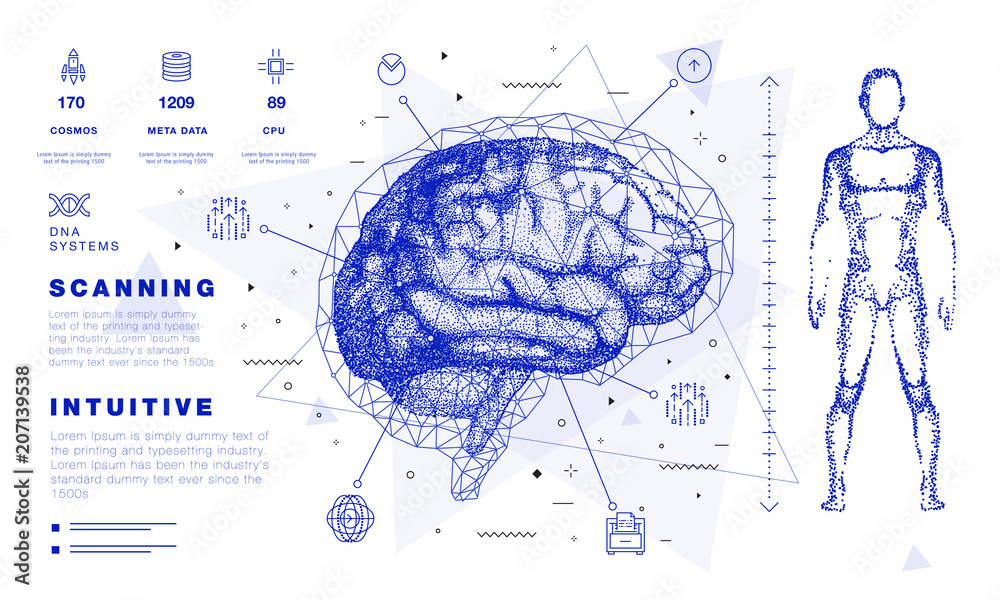 Human brain in Innovations systems global study of the connection with robotics and the development of science in the field of the cyber industry. Realistics point style with linear inphographics pict