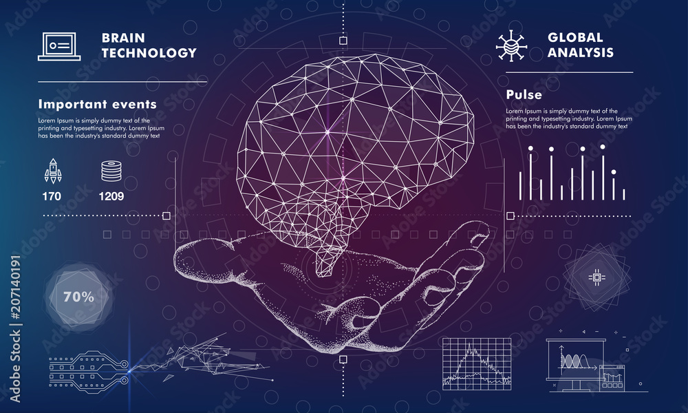 Human brain in Innovations systems global study of the connection with robotics and the development of science in the field of the cyber industry. Realistics point style with linear inphographics pict