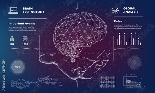Human brain in Innovations systems global study of the connection with robotics and the development of science in the field of the cyber industry. Realistics point style with linear inphographics pict