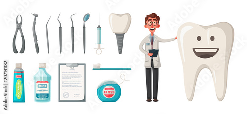 Cute happy smiling tooth. Vector cartoon illustration. Funny characters